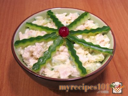 Salad with chicken filet and cucumbers