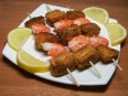 Humpback salmon with shrimp on skewers