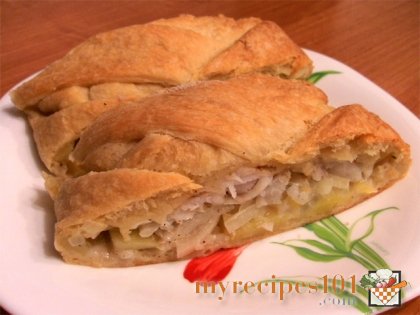 Puff pie with fish and potatoes