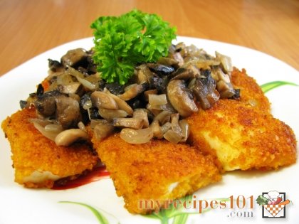 Fried halibut with mushrooms